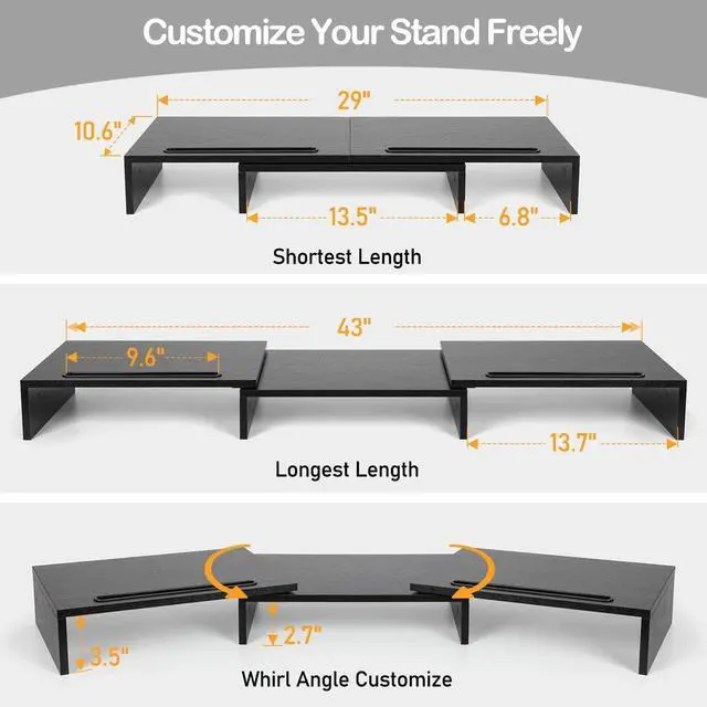 Alt view image 4 of 7 - forDual Monitor Stand -Adjustable Length and Angle Dual Monitor Riser Computer Monitor Stand w/2 Slot Desktop Organizer Monitor Stand Riser for PC Computer Laptop (Black)