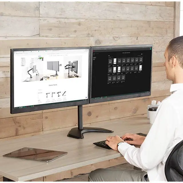 Alt view image 4 of 7 - forDual LED LCD Monitor FreeStanding Desk Stand for 2 Screens up to 27 inches HeavyDuty Fully Adjustable Arms with Max VESA 100x100mm STANDV002F