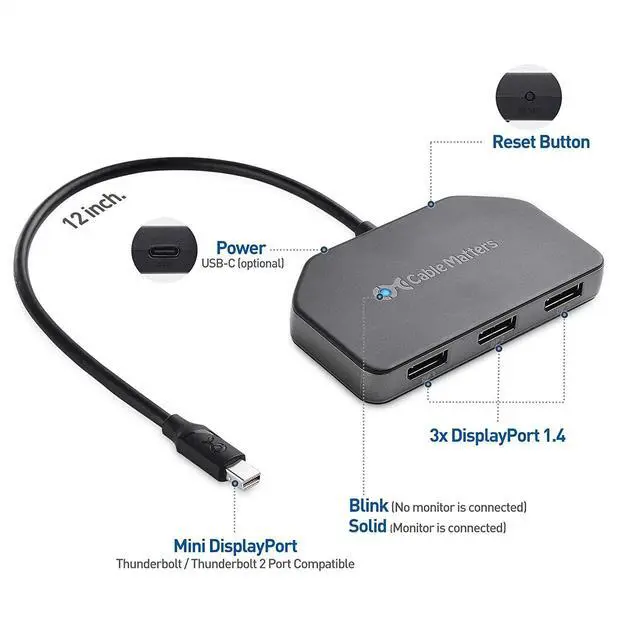 Alt view image 2 of 7 - FOR-Triple 4K DisplayPort Splitter (Triple Monitor Mini DisplayPort Hub) to 3-Port DisplayPort 1.4 Enabled for 8K and 4K 120Hz HDR for Windows Only NOT Compatible with macOS
