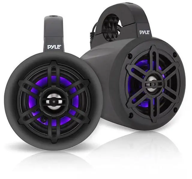 Main image of FOR-Waterproof Marine Wakeboard Tower Speakers 4 Inch Dual Subwoofer Speaker Set w 300 Max Power Output Boat Audio System wBuiltin LED Lights Mounting Clamps Included PLMRLEWB46B Black