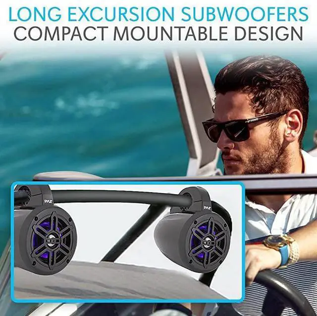 Alt view image 6 of 7 - FOR-Waterproof Marine Wakeboard Tower Speakers 4 Inch Dual Subwoofer Speaker Set w 300 Max Power Output Boat Audio System wBuiltin LED Lights Mounting Clamps Included PLMRLEWB46B Black