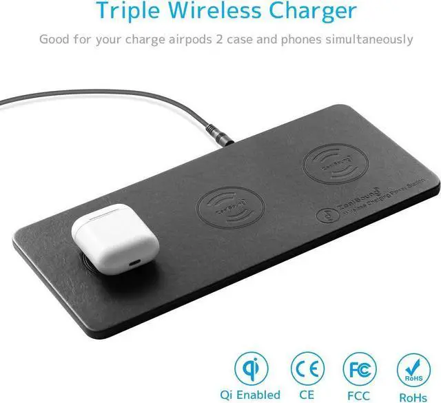 Alt view image 2 of 7 - FOR Wireless Charging Pad ZealSound Qi-Certified Ultra-Slim Triple Wireless Charger Station for Multiple 3 Devices & New Airpods Ultra Slim Leather Mat W/AC Adapter for All Qi Enabled Phones (Black)