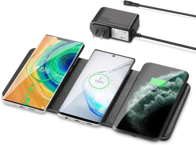 Main image of FOR Wireless Charging Pad ZealSound Qi-Certified Ultra-Slim Triple Wireless Charger Station for Multiple 3 Devices & New Airpods Ultra Slim Leather Mat W/AC Adapter for All Qi Enabled Phones (Black)