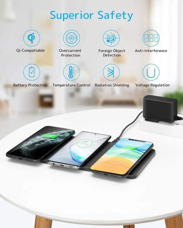 Alt view image 3 of 7 - FOR Wireless Charging Pad ZealSound Qi-Certified Ultra-Slim Triple Wireless Charger Station for Multiple 3 Devices & New Airpods Ultra Slim Leather Mat W/AC Adapter for All Qi Enabled Phones (Black)