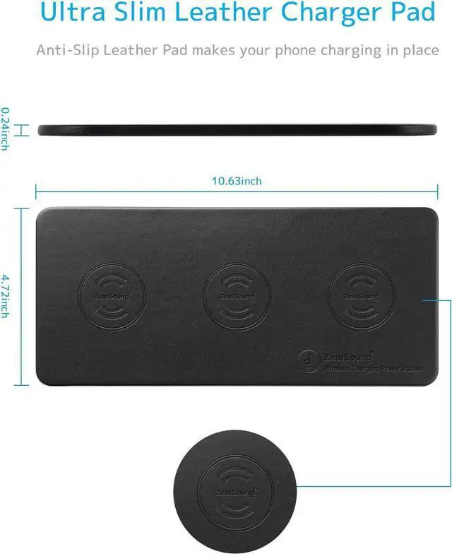 Alt view image 5 of 7 - FOR Wireless Charging Pad ZealSound Qi-Certified Ultra-Slim Triple Wireless Charger Station for Multiple 3 Devices & New Airpods Ultra Slim Leather Mat W/AC Adapter for All Qi Enabled Phones (Black)