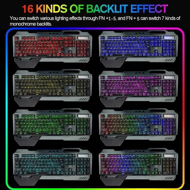 Alt view image 3 of 7 - FOR Wireless Gaming Keyboard Mouse Bluetooth Headset Kit with 16 RGB Backlit Rechargeable Battery Metal Mechanical Ergonomic Waterproof Dustproof Removable Palm Rest for Laptop PC Gamer(Rainbow RGB)
