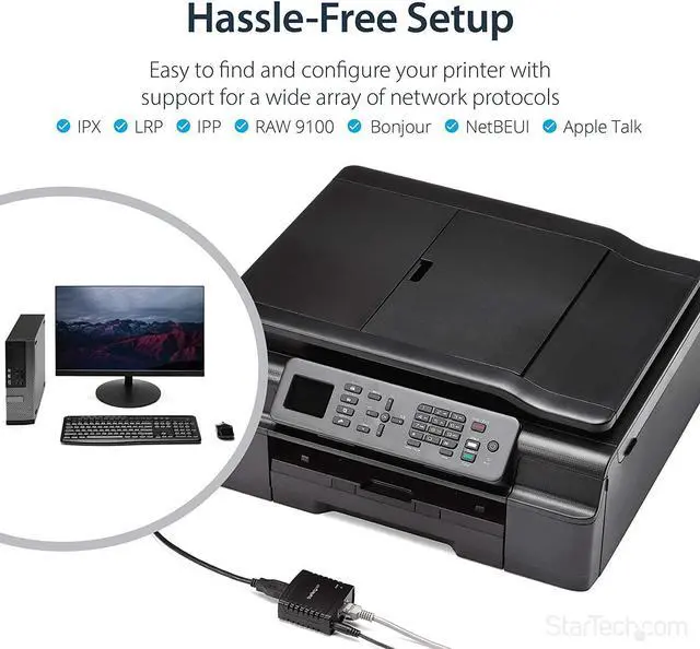 Alt view image 4 of 7 - FOR-com 10/100Mbps Ethernet to USB 2.0 Network Print Server - Windows 10 - LPR - LAN USB Print Server Adapter (PM1115U2),Black