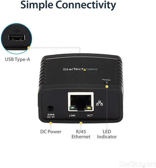 Alt view image 5 of 7 - FOR-com 10/100Mbps Ethernet to USB 2.0 Network Print Server - Windows 10 - LPR - LAN USB Print Server Adapter (PM1115U2),Black