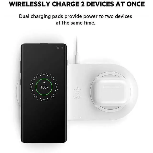 Alt view image 2 of 7 - BoostCharge 10W Fast Dual Wireless Charging Pad, Includes QuickCharge 3.0 Wall Charger and Cable, Case Compatible for iPhones, Airpods, Galaxy and Other Qi Enabled Devices (includes AC adapter)