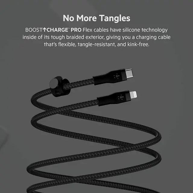 Alt view image 5 of 7 - for BoostCharge Pro Flex Braided USB Type C to Lightning Cable (3M/10ft) MFi Certified 20W Fast Charging PD Power Delivery for iPhone 13 12 11 Pro Max Mini SE iPad and More - Black