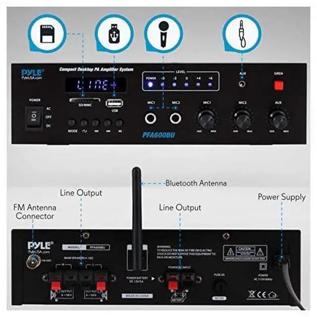 Alt view image 2 of 7 - FOR Wireless Bluetooth Karaoke Amplifier Home Car Bus Tours 300 Watts 2 Channel Digital Home Audio PA Receiver System 2 Microphone Input Control FM Radio USB12 Volt Power Option  PFA600BU