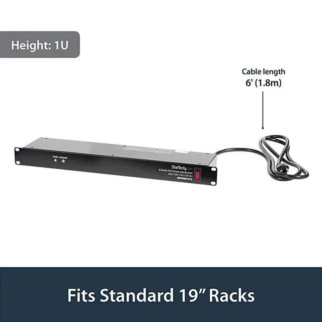 Alt view image 2 of 7 - FOR com 8 Outlet Horizontal 1U Rack Mount PDU Power Strip for Network Server Racks Surge Protection 120V15A with 6 Ft Power Cord RKPW081915 Black