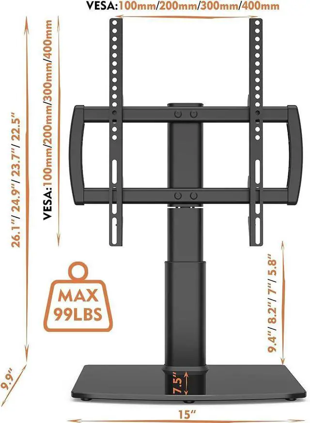 Alt view image 6 of 7 - FOR Universal Swivel TV Stand/Base Table Top TV Stand 27 to 55 inch TVs 80 Degree Swivel, 4 Level Height Adjustable, Heavy Duty Tempered Glass Base, Holds up to 99lbs Screens, HT04B-001