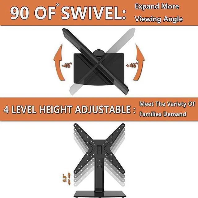 Alt view image 3 of 7 - FOR Universal Swivel TV StandBase Table Top TV Stand for 21 to 43 inch TVs with 90 Degree Swivel 4 Level Height Adjustable Heavy Duty Tempered Glass Base Holds up to 99lbs HT02B002