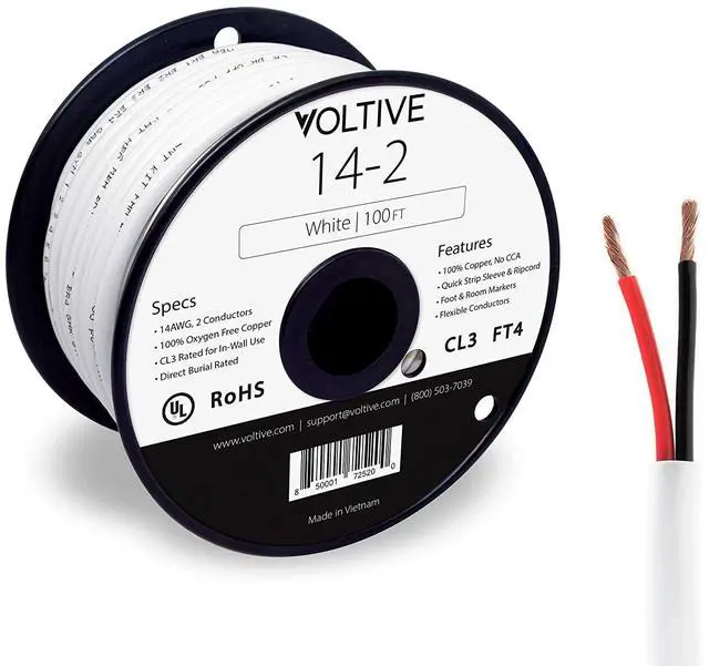 Main image of FOR-Voltive 14/2 Speaker Wire - 14 AWG/Gauge 2 Conductor - UL Listed in Wall (CL2/CL3) and Outdoor/In Ground (Direct Burial) Rated - Oxygen-Free Copper (OFC) - 100 Foot Spool - White