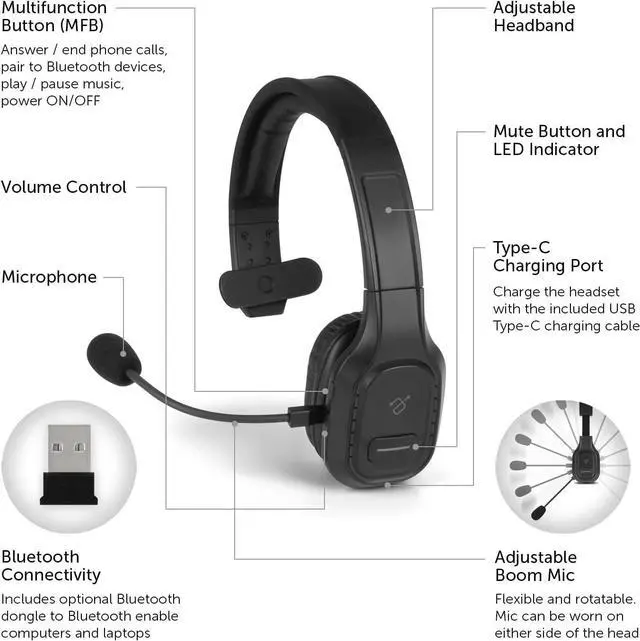 Alt view image 5 of 7 - FOR-Wireless Bluetooth 5.0 Headset with Noise Cancelling Boom Mic for Car Truck Driver Business School Home Office Cell Phones PC & MAC 34Hrs Talk Time (ABHM100F) Black