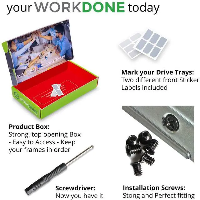 Alt view image 6 of 7 - FORWorkDone 3-Pack - 3.5 inch Hard Drive Caddy with 2.5 inch HDD Adapter - KG1CH Compatible for Listed Dell PowerEdge Servers - Manual - Sled Front Sticker Labels - Screwdriver - Added HDD Tray Screws