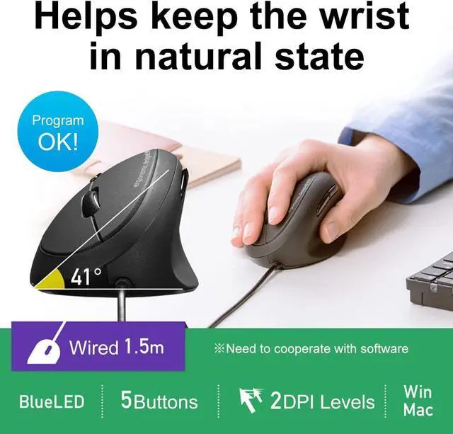 Alt view image 2 of 6 - FOR-Wired Ergonomic Mouse Optical Vertical Mice for Small Hands Reduce Wrist Strain (1000/1600 Adjustable DPI 6 Buttons) Compatible with MacBook Laptop Desktop Windows Mac OS GMAERG16