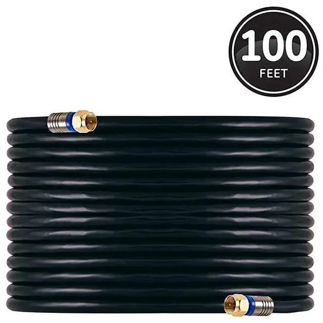 Main image of RG6 Coaxial Cable 100 ft FType Connectors Quad Shielded Coax Cable 3 GHz Digital InWall Rated Ideal for TV Antenna DVR VCR Satellite Cable Box Home Theater Black 34842