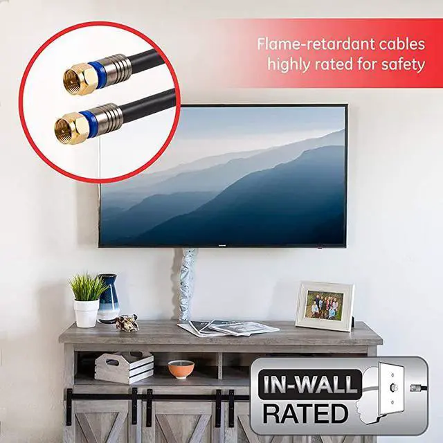 Alt view image 4 of 6 - RG6 Coaxial Cable 100 ft FType Connectors Quad Shielded Coax Cable 3 GHz Digital InWall Rated Ideal for TV Antenna DVR VCR Satellite Cable Box Home Theater Black 34842