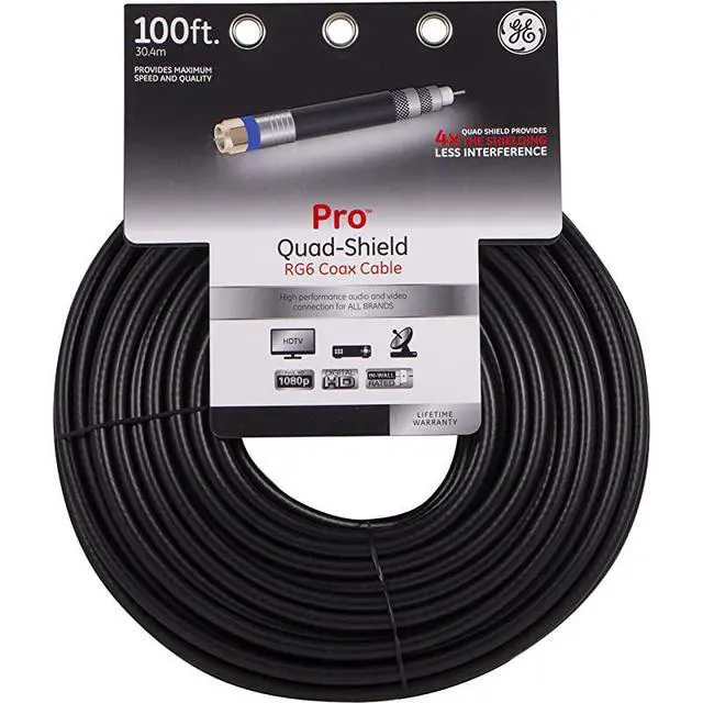 Alt view image 6 of 6 - RG6 Coaxial Cable 100 ft FType Connectors Quad Shielded Coax Cable 3 GHz Digital InWall Rated Ideal for TV Antenna DVR VCR Satellite Cable Box Home Theater Black 34842