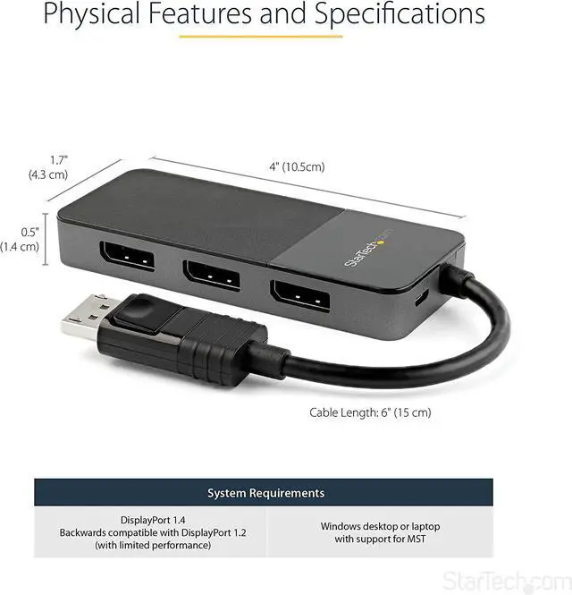 Alt view image 3 of 6 - South City Mall.com 3-Port Multi Monitor Adapter - DisplayPort 1.4 to 3x 4K DisplayPort Video Splitter - Dual or Triple 4K - DisplayPort MST Hub for Multiple Monitors - For Windows PCs Only (MST14DP1