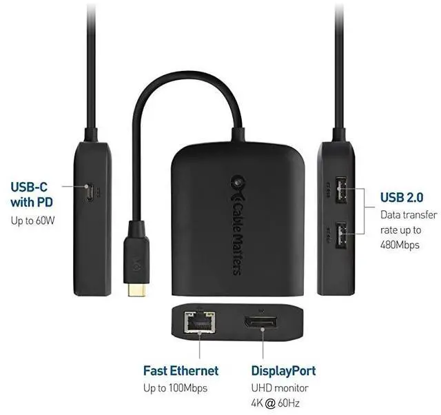 Alt view image 3 of 7 - FOR-USB C Multiport Adapter USB C Hub with DisplayPort 8K 2X USB 20 Fast Ethernet and 60W Charging in Black USBC and Thunderbolt 3 Port Compatible with MacBook Pro and More