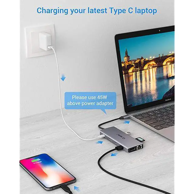 Alt view image 7 of 7 - USB C HUB, Upgraded 13 in 1 Type C Hub Dongle Adapter (4K Dual HDMI&DP,75W PD), Triple Display Docking Station for Windows&MacBook Pro USB C Systems, macOS only Support Mirror Display