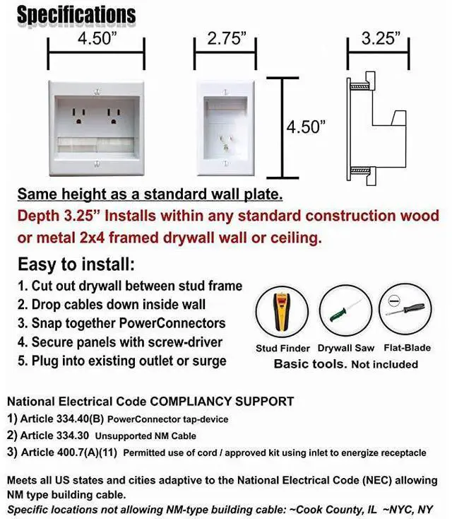 Alt view image 5 of 7 - FOR-TWOCK Dual Outlet Recessed InWall Cable Management System with PowerConnect for WallMounted Flat Screen LED LCD and Plasma TVs