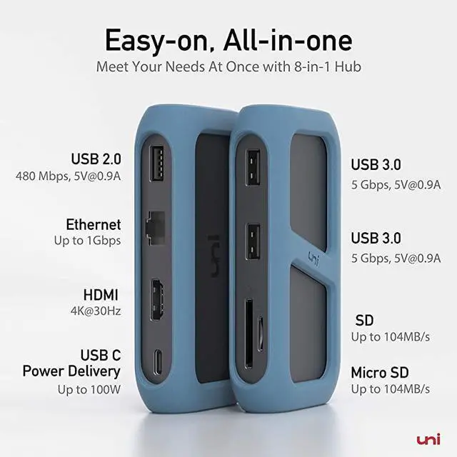 Alt view image 2 of 6 - FOR-USB C Hub Ethernet 8in1 Aluminum Adapter for MacBook Pro 2020  USB TypeC to HDMI 4K 1 Gbps Ethernet SD Card Reader PD 100W USB 30 with 8 Detachable Cord Compatible for iPad Pro and More