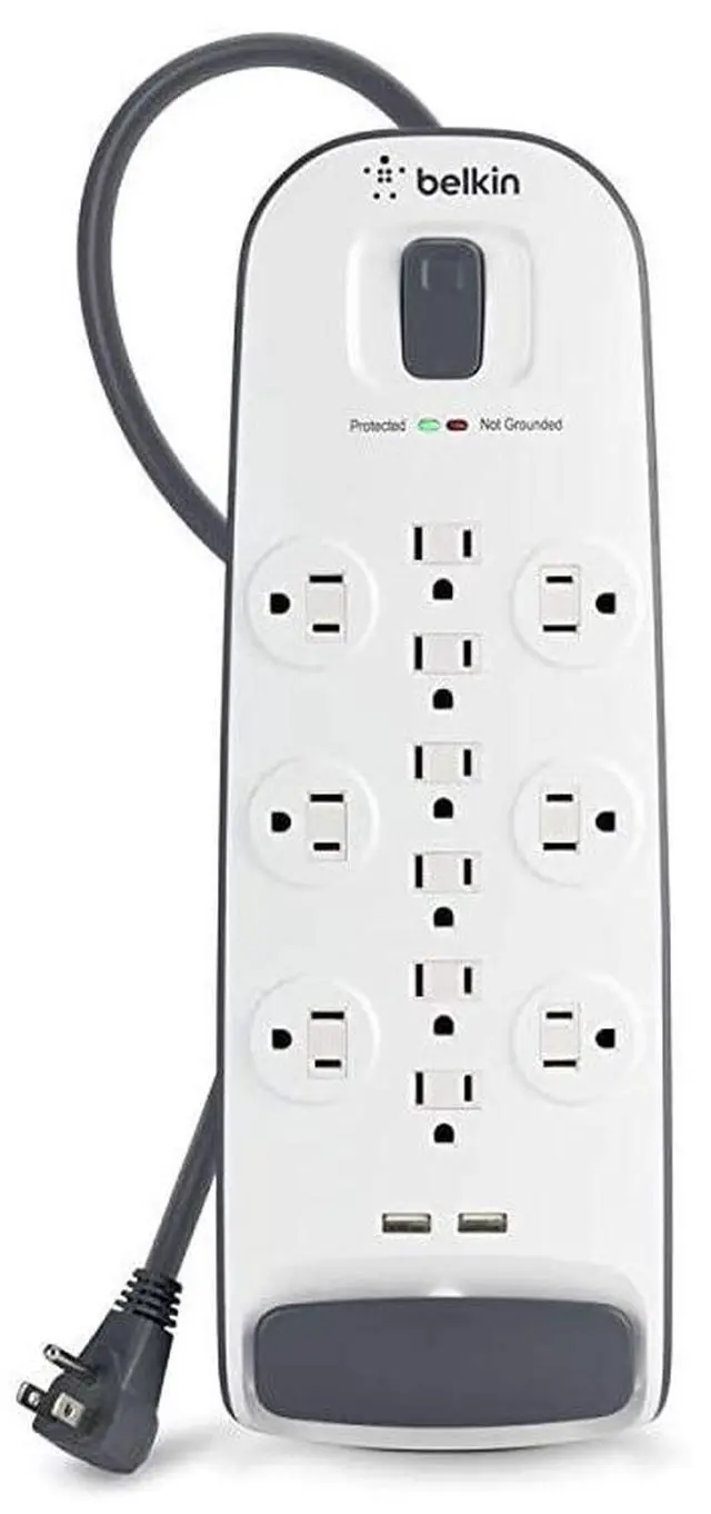 Main image of USB Power Strip Surge Protector - 12 AC Multiple Outlets & 2 USB Ports - 6 ft Long Flat Plug Extension Cord for Home, Office, Travel, Computer Desktop & Charging Brick - White (3,996 Joules)
