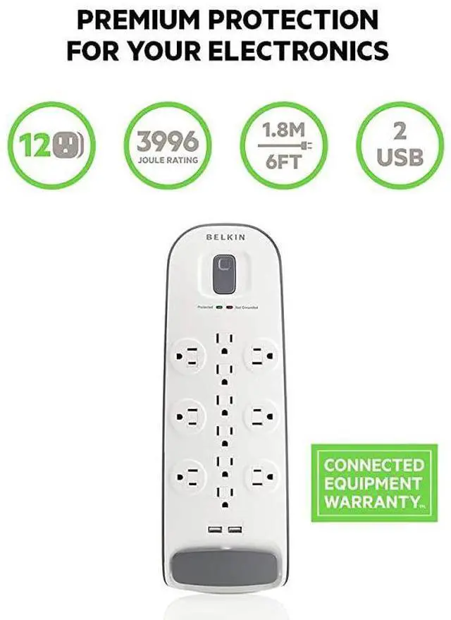 Alt view image 2 of 6 - USB Power Strip Surge Protector - 12 AC Multiple Outlets & 2 USB Ports - 6 ft Long Flat Plug Extension Cord for Home, Office, Travel, Computer Desktop & Charging Brick - White (3,996 Joules)