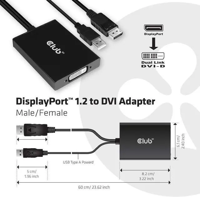 Alt view image 4 of 5 - FOR-Club 3D CAC-1010 DisplayPort to DVI Dual-Link DVI-D Active Adapter for Your Monitor/Display - USB A Powered ?C 2560x1600 Resolution HDCP Supported NOT for Apple Cinema Monitors