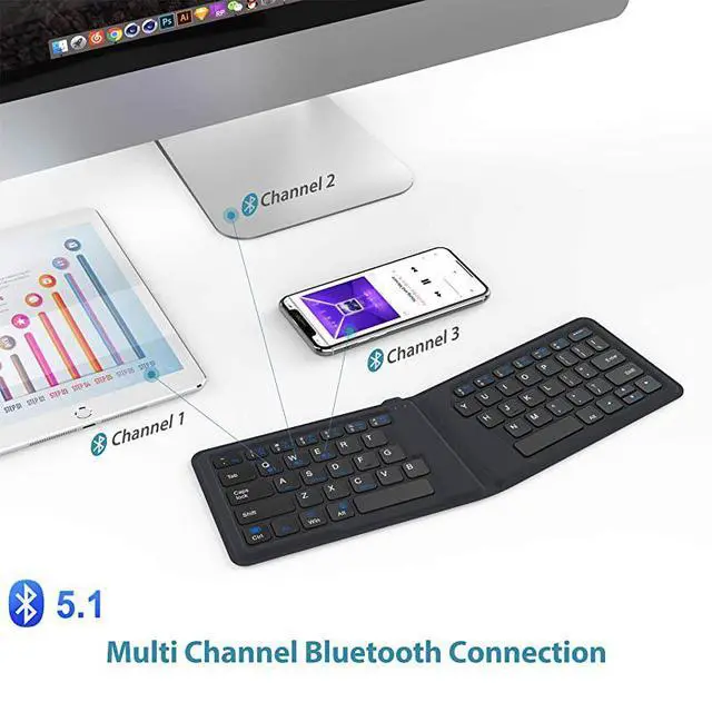 Alt view image 4 of 7 - FOR-BK06 Bluetooth Keyboard - Multi-Device Portable Keyboard Bluetooth 5.1 for iOS, Android, Windows, Tablet Smartphone Laptops Mac, Rechargeable Battery Ergonomic Design - Foldable Keyboard