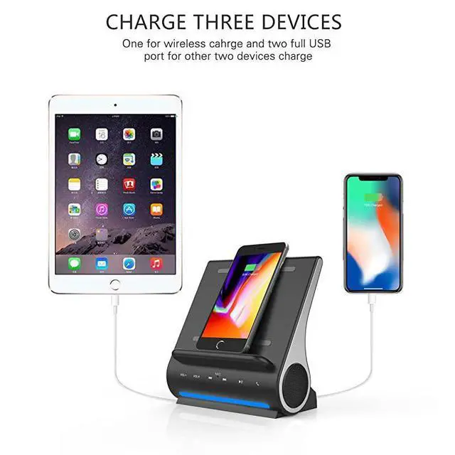 Alt view image 4 of 7 - FOR-Dockall D100 Qi Wireless Charger Bluetooth Premium Speakers Docking Station with Built in Mic Handsfree call 3 in 1 Station for iPhone and Samsung phone