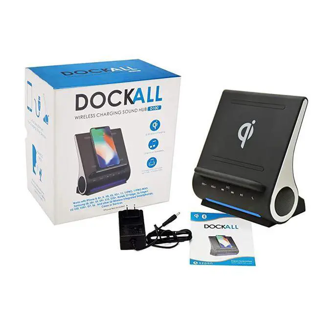 Alt view image 7 of 7 - FOR-Dockall D100 Qi Wireless Charger Bluetooth Premium Speakers Docking Station with Built in Mic Handsfree call 3 in 1 Station for iPhone and Samsung phone
