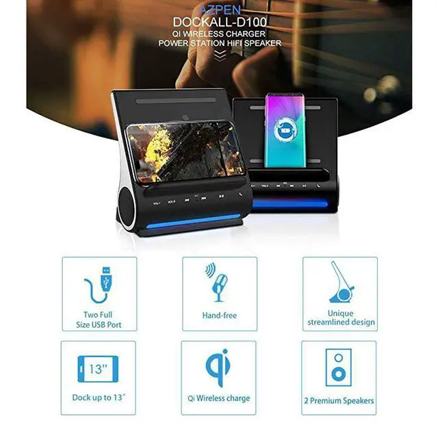 Alt view image 5 of 7 - FOR-Dockall D100 Qi Wireless Charger Bluetooth Premium Speakers Docking Station with Built in Mic Handsfree call 3 in 1 Station for iPhone and Samsung phone
