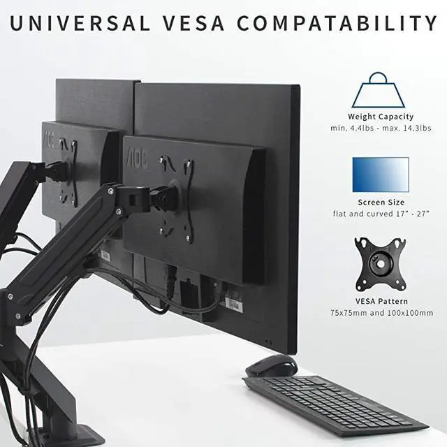 Alt view image 3 of 7 - FOR-Black Articulating Dual Pneumatic Spring Arm Clampon Desk Mount Stand Fits 2 Monitor Screens 17 to 27 inches with Max VESA 100x100 STANDV102O