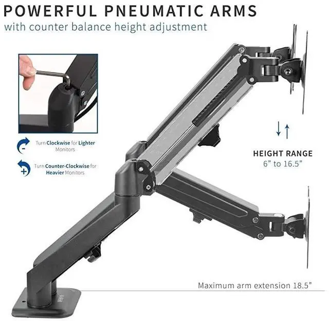 Alt view image 5 of 7 - FOR-Black Articulating Dual Pneumatic Spring Arm Clampon Desk Mount Stand Fits 2 Monitor Screens 17 to 27 inches with Max VESA 100x100 STANDV102O