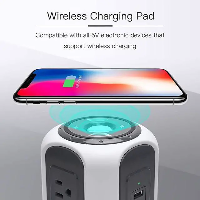Alt view image 2 of 7 - FOR-10ft Power Strip Tower Wireless Charger Surge Protector Extension Cord 10A 9-Outlet 4.5A 4 USB Electrical Charging Station Universal Socket for Laptop Phone White and Gray