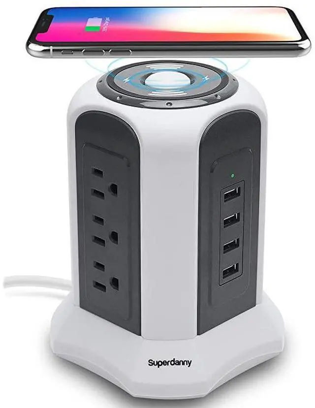 Main image of FOR-10ft Power Strip Tower Wireless Charger Surge Protector Extension Cord 10A 9-Outlet 4.5A 4 USB Electrical Charging Station Universal Socket for Laptop Phone White and Gray