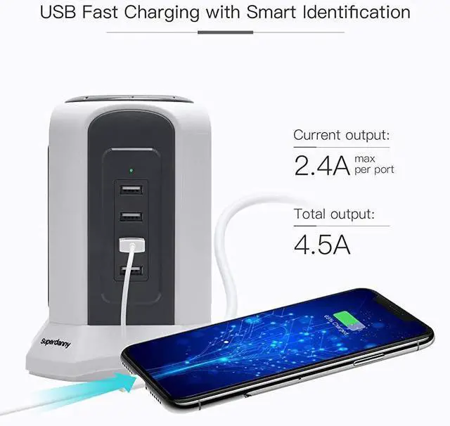 Alt view image 3 of 7 - FOR-10ft Power Strip Tower Wireless Charger Surge Protector Extension Cord 10A 9-Outlet 4.5A 4 USB Electrical Charging Station Universal Socket for Laptop Phone White and Gray