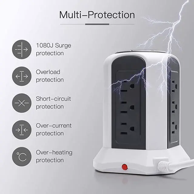 Alt view image 4 of 7 - FOR-10ft Power Strip Tower Wireless Charger Surge Protector Extension Cord 10A 9-Outlet 4.5A 4 USB Electrical Charging Station Universal Socket for Laptop Phone White and Gray
