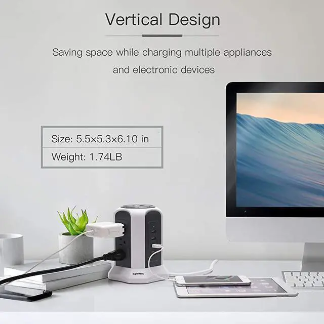 Alt view image 7 of 7 - FOR-10ft Power Strip Tower Wireless Charger Surge Protector Extension Cord 10A 9-Outlet 4.5A 4 USB Electrical Charging Station Universal Socket for Laptop Phone White and Gray