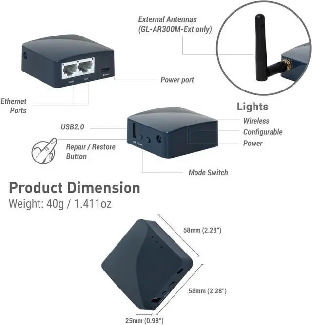 Alt view image 2 of 7 - FOR-GL-AR300M16-Ext Portable Mini Travel Wireless Pocket Router - WiFi Router/Access Point/Extender/WDS | OpenWrt | 2 x Ethernet Ports | OpenVPN/Wireguard VPN | USB 2.0 Port