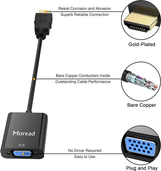 Alt view image 2 of 7 - FOR-HDMI to VGA 5 Pack Moread Gold-Plated HDMI to VGA Adapter (Male to Female) for Computer Desktop Laptop PC Monitor Projector HDTV Chromebook Raspberry Pi Roku Xbox and More - Black