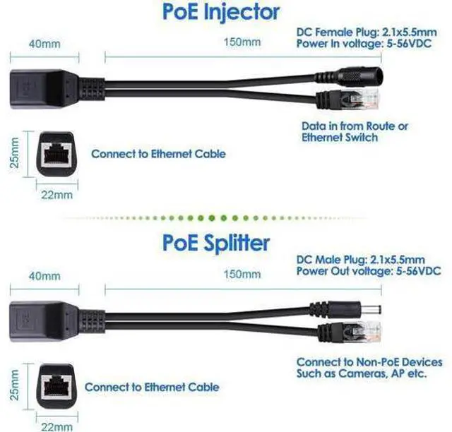 Alt view image 3 of 5 - Passive PoE Injector and Splitter Power Over Ethernet Kit with 5.5x2.1 mm DC Plug for IP Security Camera- 2 Pairs