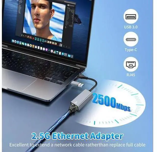 Alt view image 2 of 7 - 2-in-1 USB C to Ethernet Adapter2.5Gbps with USB A 3.0 Port Gigabit RJ45 Converter Plug & Play 1Gbps Wired Internet + 5Gbps Data Transfer Compatible with MacBook iPad Pro Windows