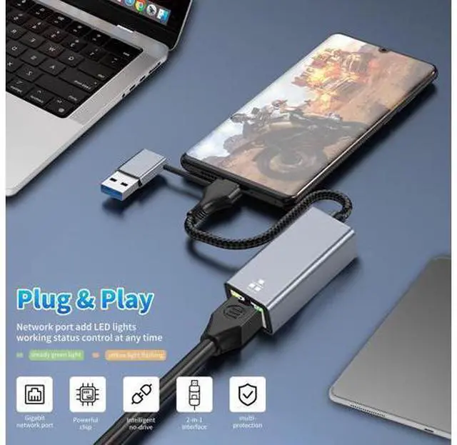 Alt view image 6 of 7 - 2-in-1 USB C to Ethernet Adapter2.5Gbps with USB A 3.0 Port Gigabit RJ45 Converter Plug & Play 1Gbps Wired Internet + 5Gbps Data Transfer Compatible with MacBook iPad Pro Windows