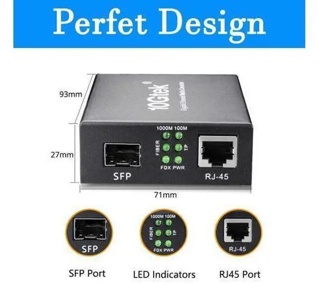 Alt view image 4 of 5 - A Pair of Gigabit Multi-Mode LC Fiber Media Converter, with 2 Pcs SFP SX Modules, Fiber to Ethernet Converter, 1000Base-SX to 10/100/1000M RJ45, MMF, 850nm, up to 550m